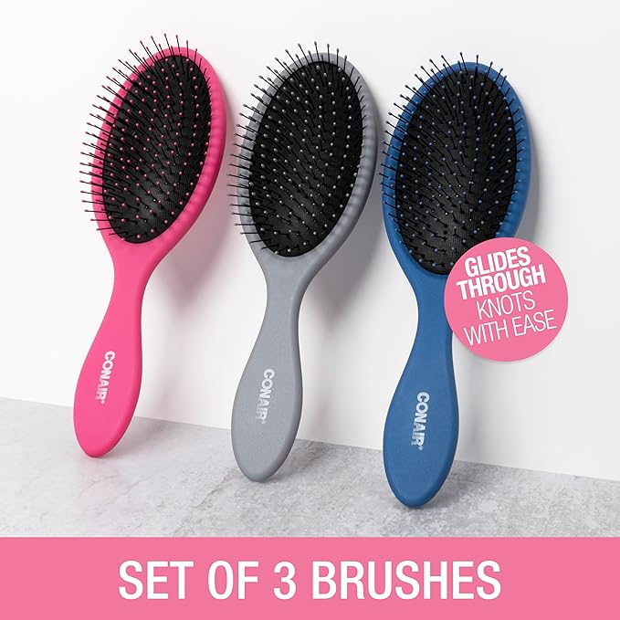Conair Detangling Brush 3PK - For wet and dry - Ideal for all types - curly brush - brushes for women - detangler brush - brushes for women - Blue, Pink, Gray Assorted