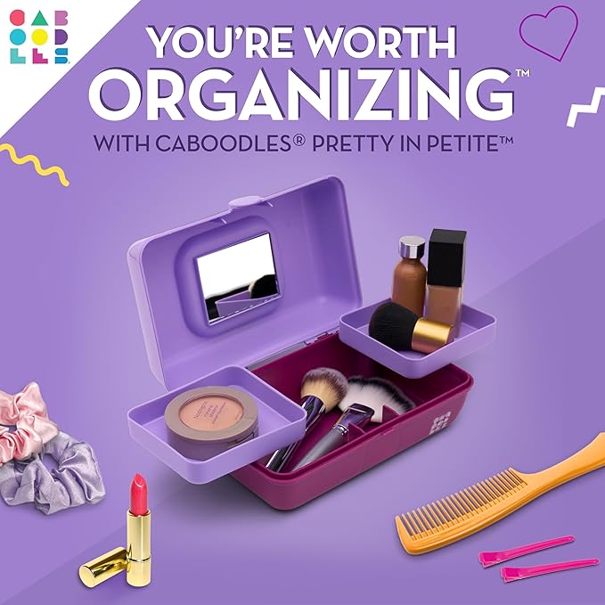 Caboodles Pretty in Petite Makeup Box, Hard Plastic Organizer Box, 2 Swivel Trays, Fashion Mirror, Secure Latch for Safe Travel