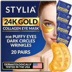 Stylia Under Eye Patches for Puffy Eyes and Dark Circles (20 Pairs) - 24k Gold Under Eye Mask with Vitamin C, Hyaluronic Acid, Pearl Extract - Eye Masks for Dark Circles and Puffiness