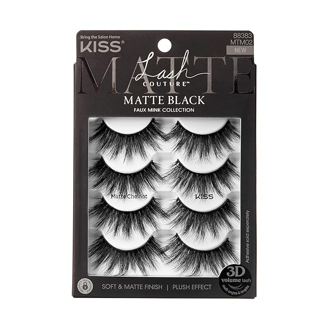 KISS Lash Couture Matte Black Faux Mink Eyelashes Multipack, Matte Cheviot, Black, Natural Looking, Cruelty-Free & Vegan, Holds Curl, Comfortable, Seamless, Knot-Free Band | 4 Pairs
