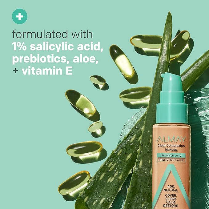 Almay Clear Complexion Acne Foundation Makeup with Salicylic Acid - Lightweight, Medium Coverage, Hypoallergenic, -Fragrance Free, for Sensitive Skin , 200 Buff, 1 fl oz.