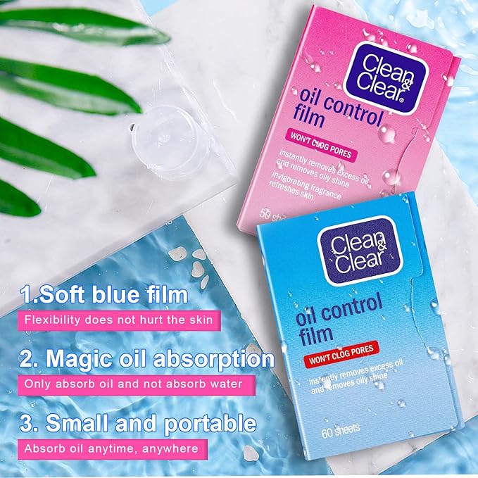 Oil Absorbing Tissues Oil Control Film, Oil Blotting Paper Same Series with Clean & Clear Oil Absorbing Facial Sheets for Oily Skin, 60 sheets Blue + 50 sheets Pink