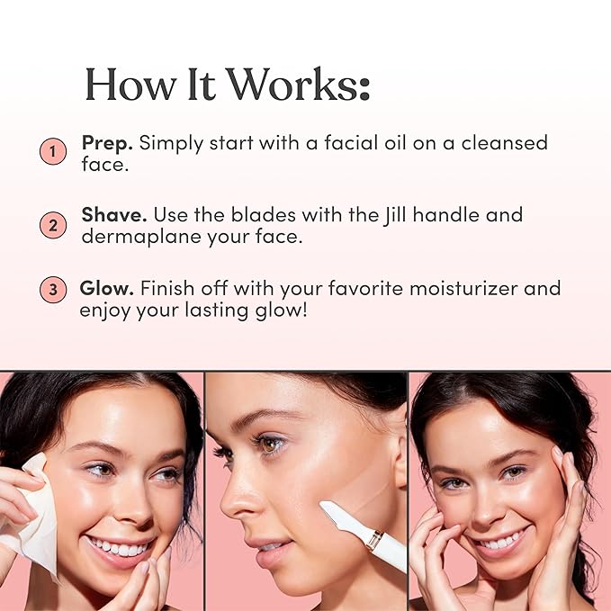 Jill Dermaplane Razor Trial Kit | Facial Hair Removal Dermaplaning Kit Includes 1 Shave Wand, 2 Dermaplane Razors & Cleaning Cloth | Pre-Shave Magic Spray & Wipes Not Included