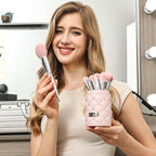 Bueart Design Elegant pink Ultra soft labeled Makeup Brushes Sets with Brush Holder makeup brush set with Foundation Powder blush blending contour Brush (15Pcs Silver Pink+Holder)