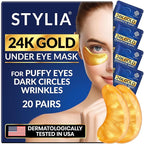 Stylia Under Eye Patches for Puffy Eyes and Dark Circles (20 Pairs) - 24k Gold Under Eye Mask with Vitamin C, Hyaluronic Acid, Pearl Extract - Eye Masks for Dark Circles and Puffiness