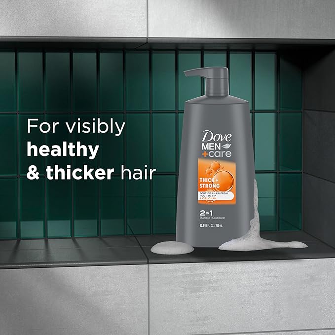 DOVE MEN+ CARE 2-in-1 Shampoo + Conditioner Thick + Strong 4 count for Fortifying Hair from Root to Tip, with Calcium, 25.4 oz