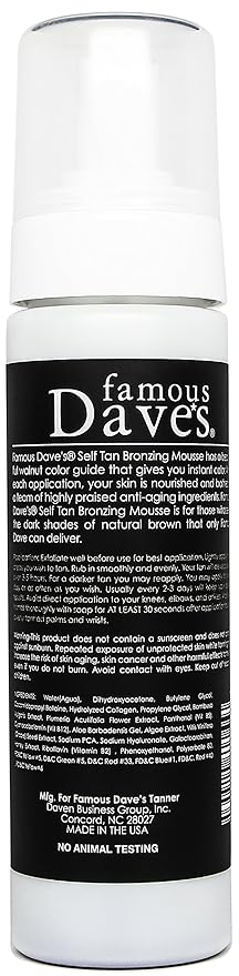 Dark Tanning Mousse w/Instant Bronzer by Famous Dave’s | Sunless Self Tanner | Organic & Natural Ingredients for Medium/Darker Skin Tones | Moisturizing Glow with Natural Tan Results