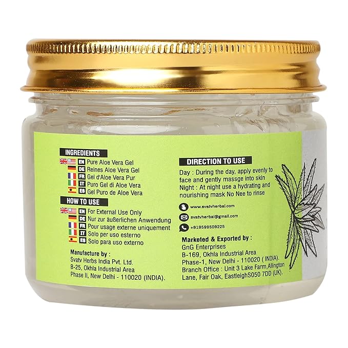 SVATV Natural Aloe Vera Gel for Face, Skin, Hair & Sunburn Relief with Cold Pressed, Vegan, Unscented Gel | Suitable for All Skin Types For Men & Women - 300g, 10.58oz, 0.66lbs