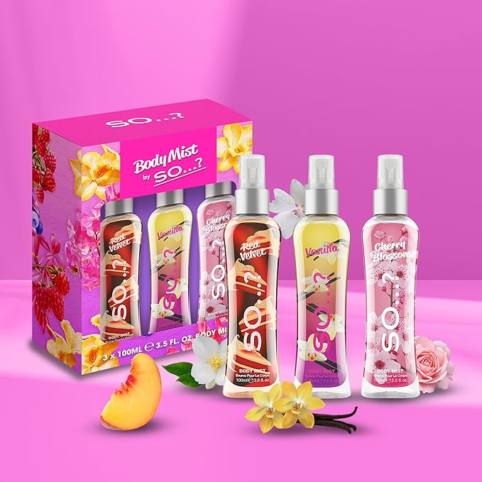 So…? Body Mist Set - Perfumes for Women - Vanilla Perfume, Red Velvet, Cherry Blossom - Scents Lasting 6 Hours - Fragrance Gifts for Women - 3 pcs