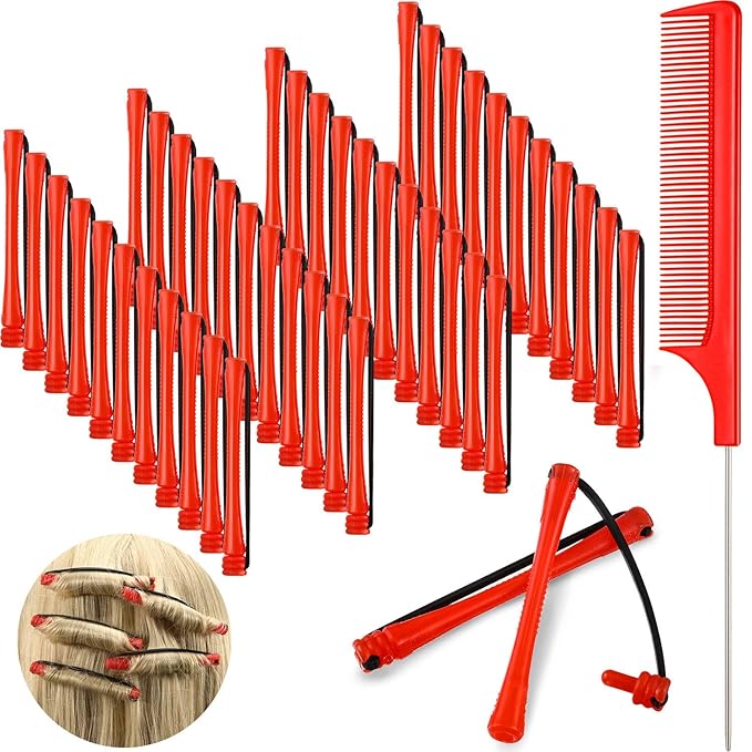 48 Pieces Hair Perm Rods Short Cold Wave Rods Plastic Perming Irons Hair Curling Rollers Curlers with Steel Pintail Comb Rat Tail Comb for Hairdressing Styling Supplies(0.2 Inch,Red)