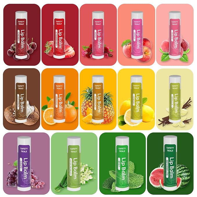 98 Pack Natural Lip Balm Bulk with Vitamin E and Coconut Oil - Moisturizing, Soothing, and Repairing Dry and Chapped Lips - 14 Flavors - Non-GMO