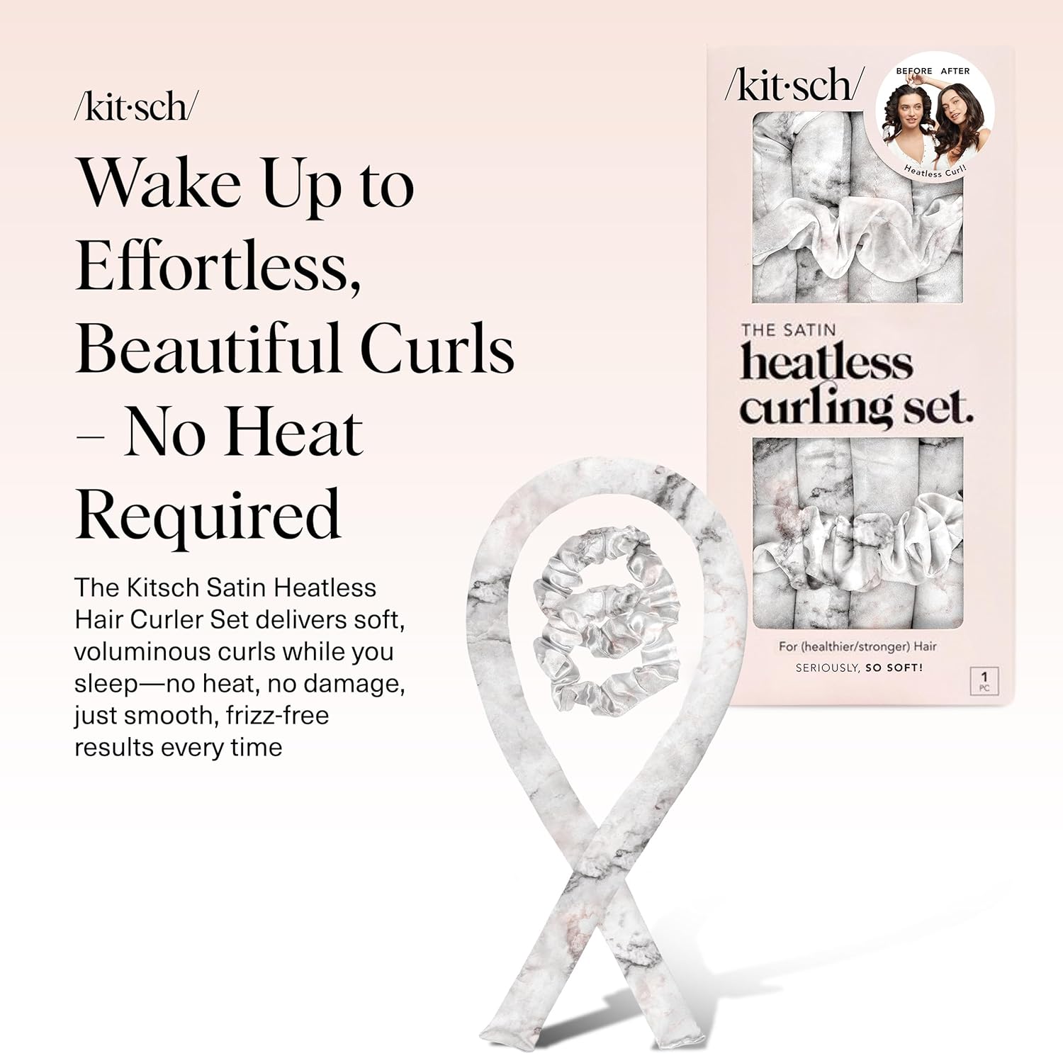 Kitsch Satin Heatless Hair Curler Set - Heatless Curls Overnight, Hair Rollers for Soft Curls & Frizz-Free Styling, No Heat Curlers To Sleep in, Curling Rod Headband with 2 Scrunchies - Marble