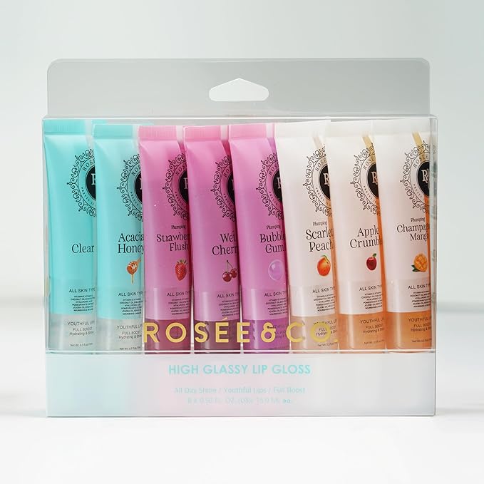 ROSÉE & CO Rosee Lip Gloss Vegan & Cruelty Free Treatment, Professional Make up, Long Lasting Glossy with Shea Butter, Moisturize, Protect & Smooth, High Shine, Non-Sticky - Set of 8-3