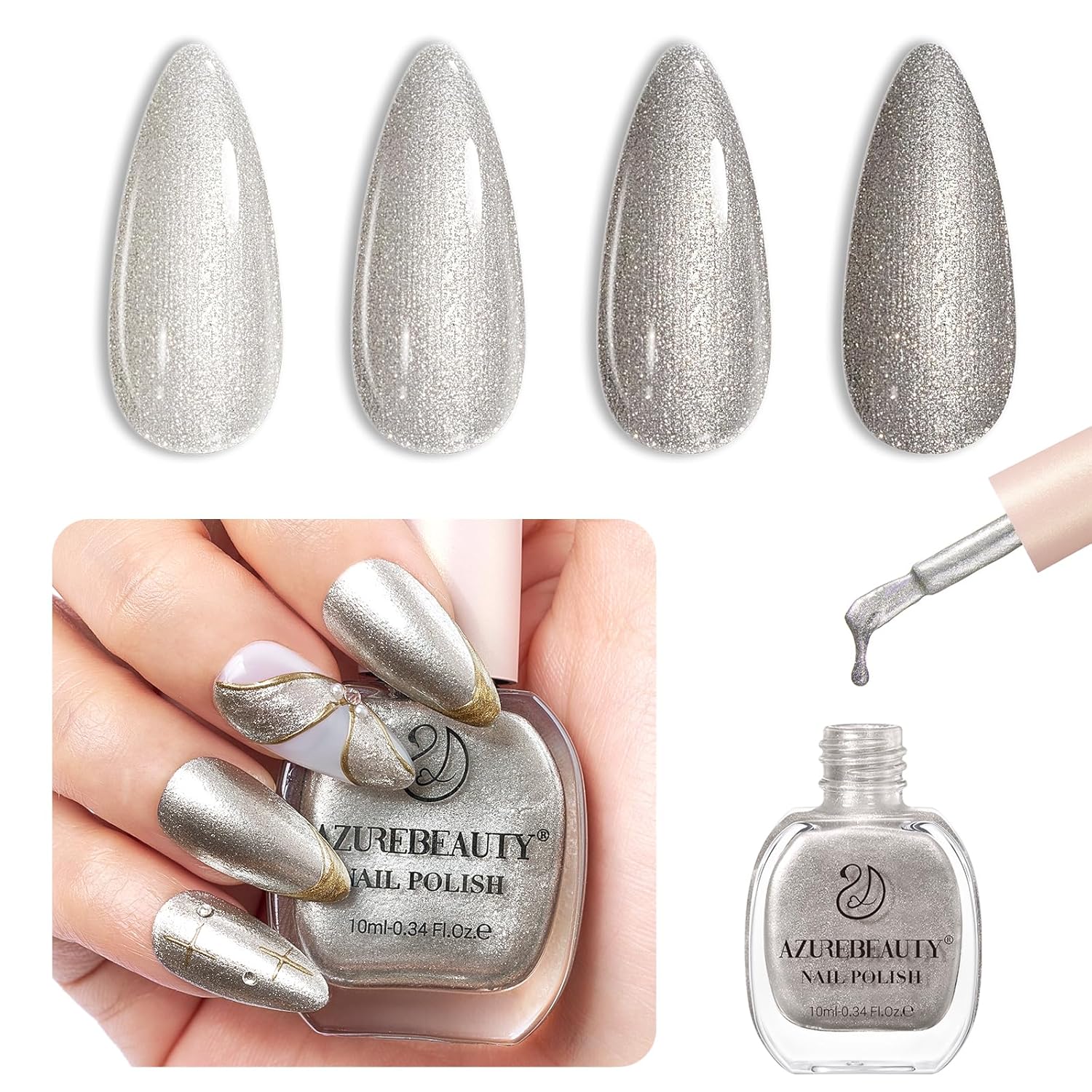 AZUREBEAUTY Silver Glitter Nail Polish Metallic Fast Drying Natural Shine Nail Lacquer Fingernail Polish Salon-Quality for Women 10ml
