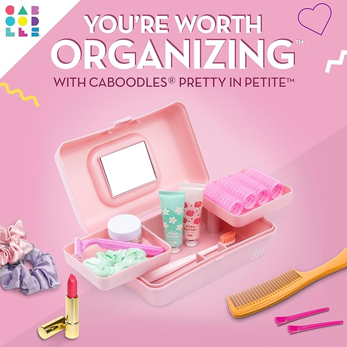Caboodles Pretty in Petite Makeup Box, Hard Plastic Organizer Box, 2 Swivel Trays, Fashion Mirror, Secure Latch for Safe Travel