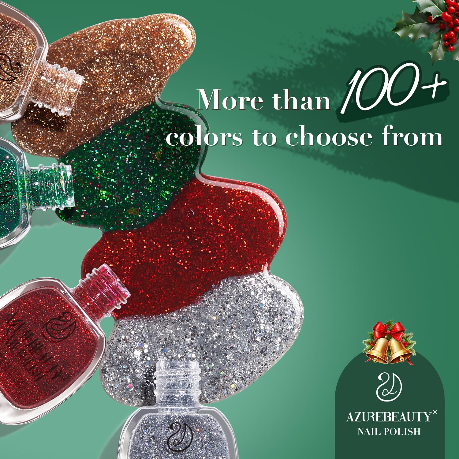 AZUREBEAUTY Christmas Nail Polish Quick Dry Green Glitter Nail Polish Natural Shine Nail Lacquer Salon-Quality for Women Girl Gift Set 1Pcs 0.34 fl oz