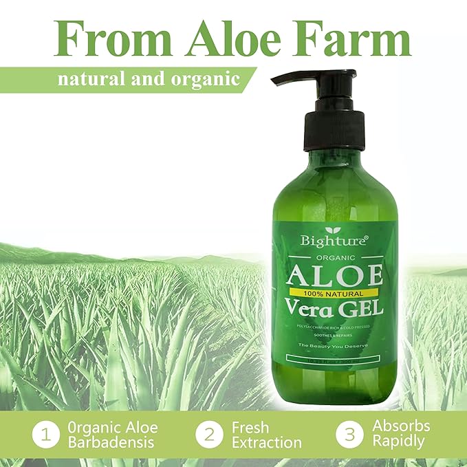 Aloe Vera Gel, 100% Aloe Vera Organic from Freshly Cut Aloe Leaves, Skin Care for Deeply & Rapidly Soothing, Firming, After Shave, Sunburn Relieve, etc