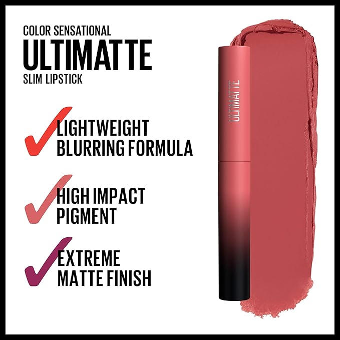 MAYBELLINE Color Sensational Ultimatte Matte Lipstick, Non-Drying, Intense Color Pigment, More Blush, Rose Pink, 1 Count (Pack of 2)