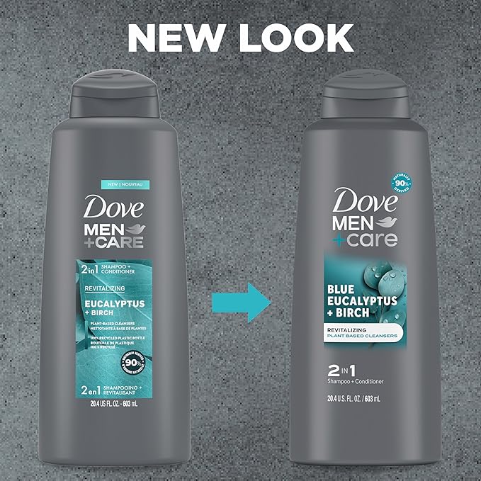 DOVE MEN + CARE 2 in 1 Shampoo Conditioner Eucalyptus + Birch 3 Count For Healthy-Looking Hair Naturally Derived Plant Based Cleansers 20.4 oz