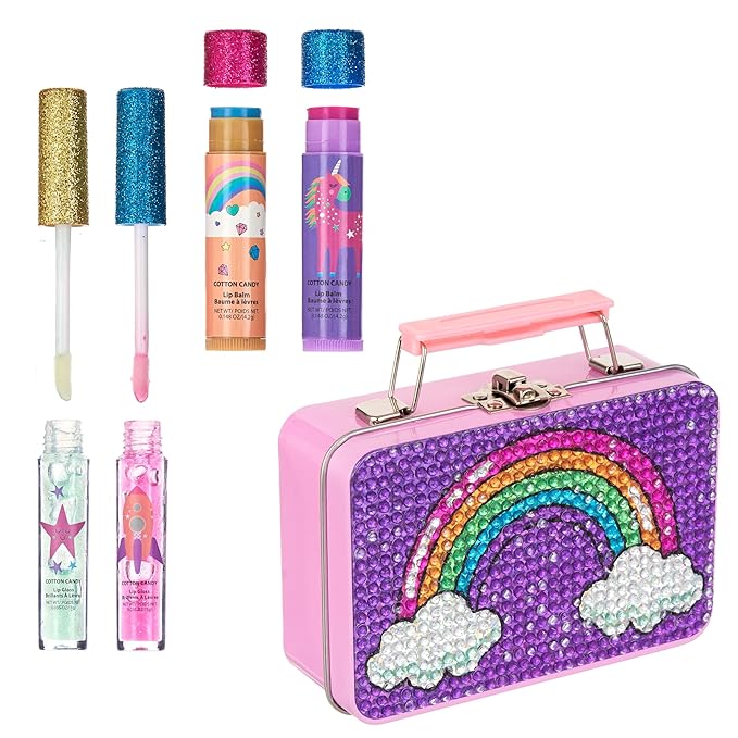 Expressions 5pc Rainbow Rhinestones Cosmetics Lip Kit For Kids w/Lip Glosses, Lip Balms & Tin Box Storage Case Magical Lip Set,Washable + Non Toxic