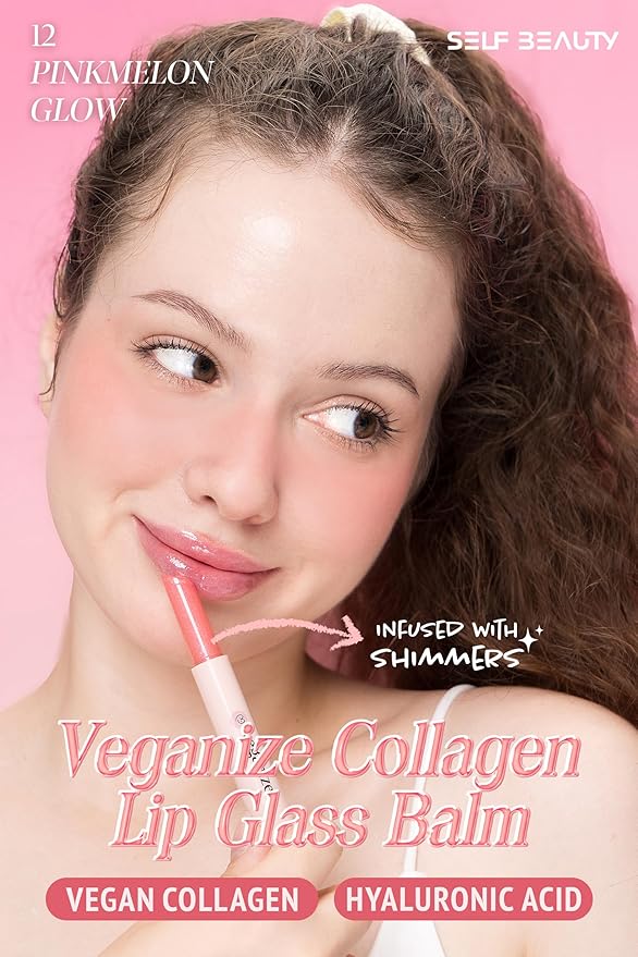 SELF BEAUTY Veganize Collagen Lip Glass Balm - Hydrating Lip w/Hyaluronic Acid - Vegan Korean Lip Balm Moisturizing Lip Care – Lip Gloss Repair for Dry Cracked Lips 0.06 oz (#12 Pinkmelon Glow)