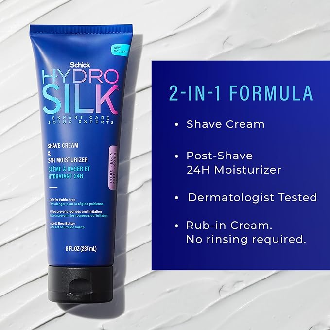 Schick Hydro Silk Shave Cream & 24-Hour Moisturizer | Pubic Hair Shave Cream for Women and Bikini Area Moisturizer, Shaving Cream for Women Sensitive Skin, 8 fluid oz