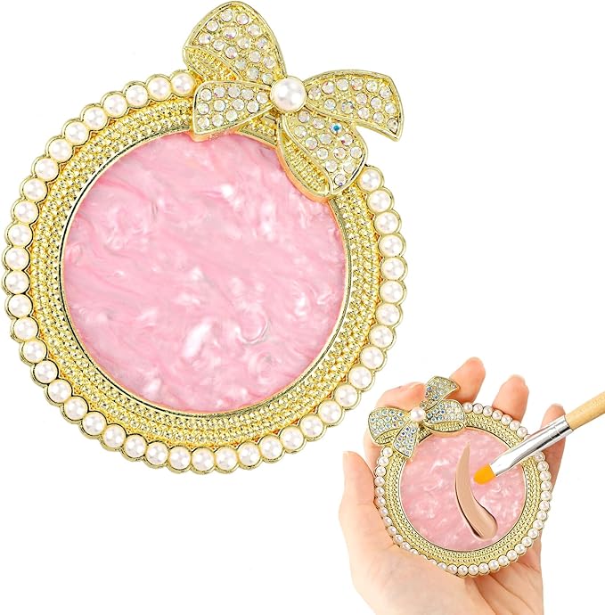 Resin Nail Art Palette, Nail Art Painting Mixed Color Palette Bow Decorated Nail Art Display Board with Pearls Nail Art Supplies Makeup Foundation Mixing Palette Manicure Tool