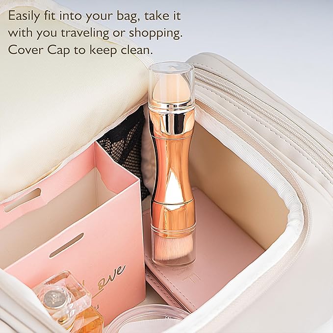 kullder 4 in 1 Makeup Brush Travel Makeup Brushes Blend Sponge, Eyebrow, Eyeshadow & Blush Brushes for Foundation Concealer Double Ended Makeup Brush with Powder Puff Women Ideal Gifts