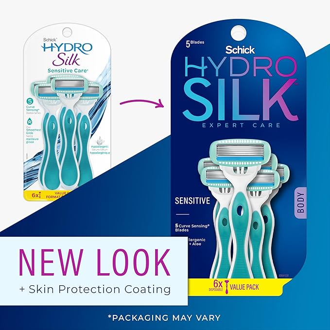 Schick Hydro Silk Sensitive Women's Disposable Razors, 6ct | 5-Blade Disposable Razors for Women Sensitive Skin | Travel Razor for Women