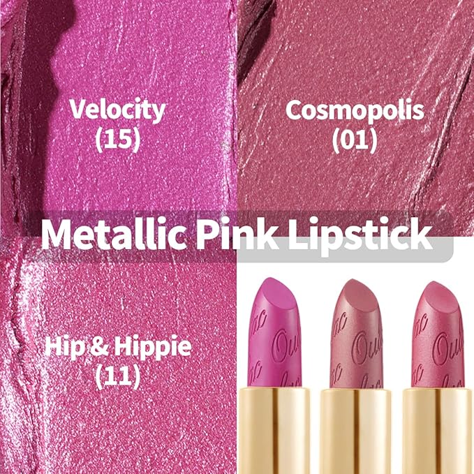 Oulac Metallic Pink Lipstick Set 3PCS High Impact Lipcolor with Moisturizing Formula, Vegan Beauty, Full-Coverage Lip Color, Christmas Gifts for Women, 4.3g X 3PCS