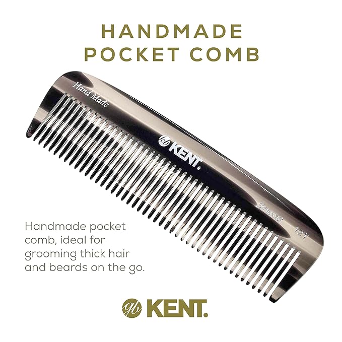 Kent 12T G Wide Tooth Detangling and Grooming Comb - Handmade Pocket Comb for Thick, Curly, Wavy Hair - Large Tooth Hair Detangler for Beard and Mustache - Saw-Cut and Hand Polished