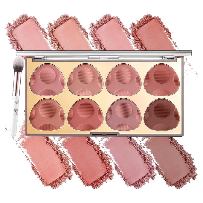 8 Colors Blush Palette, Smooth Blendable Powder Blush, Buildable Facial Cheek Blusher, Matte Blush Palette Makeup For Women, Waterproof Long-lasting Makeup Palette with Brush