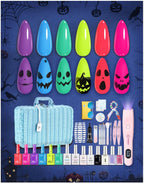 Beetles Halloween Gel Nail Polish Set with Mini LED Nail Lamp Purple Red Green Yellow Gel Polish with Base Top Coat Nail Art Brushes Salon DIY Gift Basket for Women