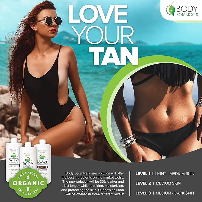 Professional Sunless Tanning Spray Tan Solution, Organic Essential Oils, Airbrush Formula, 33.8 Fl Oz. (Level 2 (10% DHA))