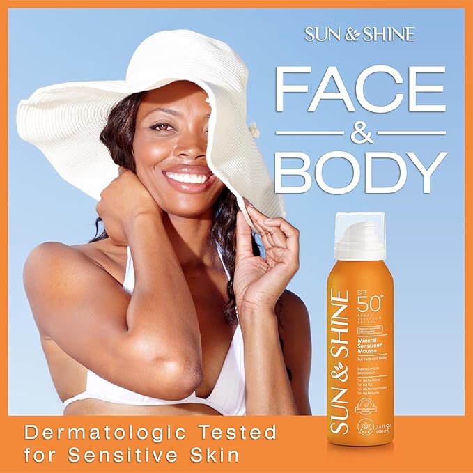 SUN & SHINE MINERAL SUNSCREEN MOUSSE: 100% mineral zinc oxide SPF50 Broad Spectrum UVA UVB, Face Body Protection, Sunburn Spray Zinc Oxide for Sensitive Skin, fragrance free 3.4 Oz