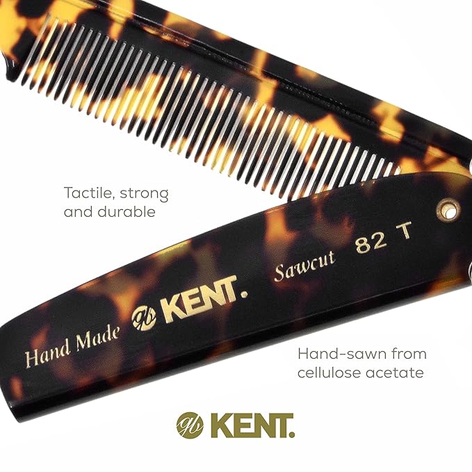 Kent 82T Handmade Folding Pocket Comb for Men, Fine Tooth Hair Comb Straightener for Everyday Grooming Styling Hair, Beard or Mustache, Use Dry or with Balms, Saw Cut Hand Polished, Made in England