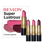 Revlon Super Lustrous 3-Piece Lipstick Gift Set, High Impact, Moisturizing, Cream Finish, 764 On The Mauve, 778 Pink Promise, 477 Black Cherry, 0.45 Oz