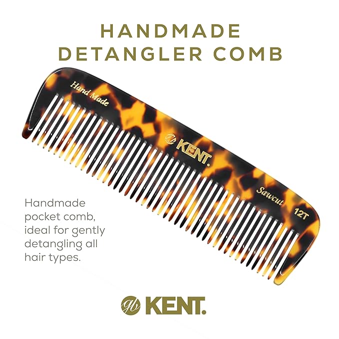 Kent 12T Wide Tooth Detangling Comb - Handmade Pocket Comb for Hair, Beard and Mustache, Saw-Cut and Hand Polished (Yellow Tokyo)