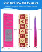 Expert Slant Tip Tweezers with Leather Travel Case, GlamTweeler Sharp & Precision Stainless Steel Tweezer for Eyebrows, Facial Hair and Fine Hairs Removal (Sparkle Deep Violet & Lavender)