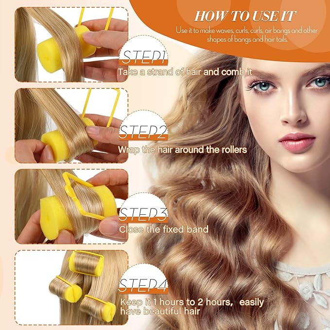 Geyoga 18 Pieces Sponge Hair Rollers Large Soft Foam Hair Styling Curlers Large Size Hairdressing Curlers for Women(1.4 x 2.6 Inches,Yellow)