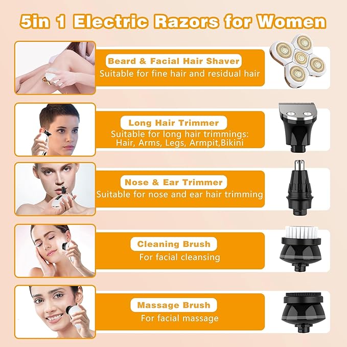 Electric Razors for Women, Women's Electric Shaver Kit for Legs, Bikini and Body Wet Dry Use, Facial Hair Removal, Cordless Trimmer for Womens Bikini Lady Grooming Sensitive Skin