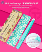 Expert Eyebrow Hair Removal Tweezer with Leather Case, GlamTweeler High Precision Slant Tip Stainless Steel Tweezers for Men and Women (Robin's Egg Blue)