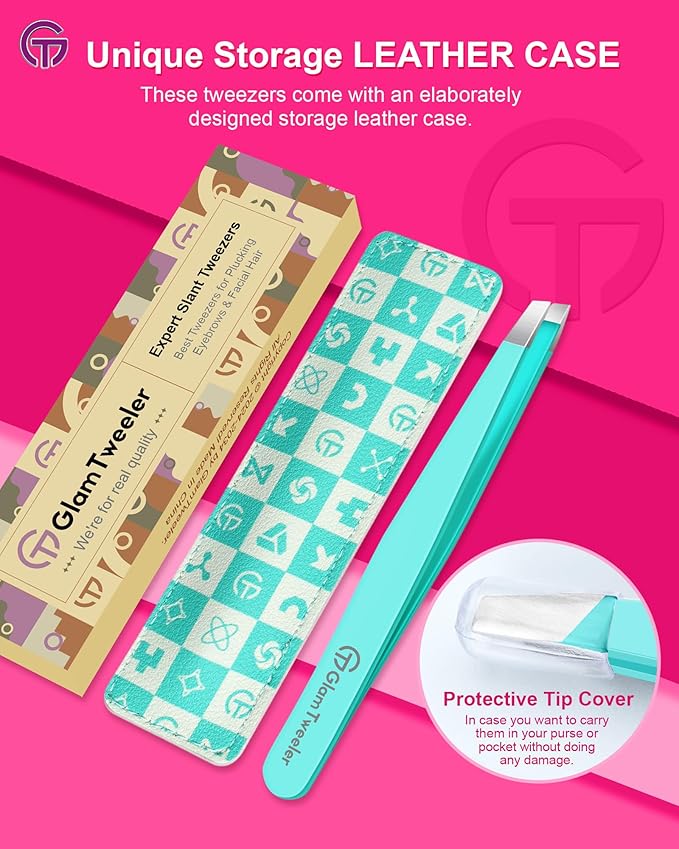 Expert Eyebrow Hair Removal Tweezer with Leather Case, GlamTweeler High Precision Slant Tip Stainless Steel Tweezers for Men and Women (Robin's Egg Blue)