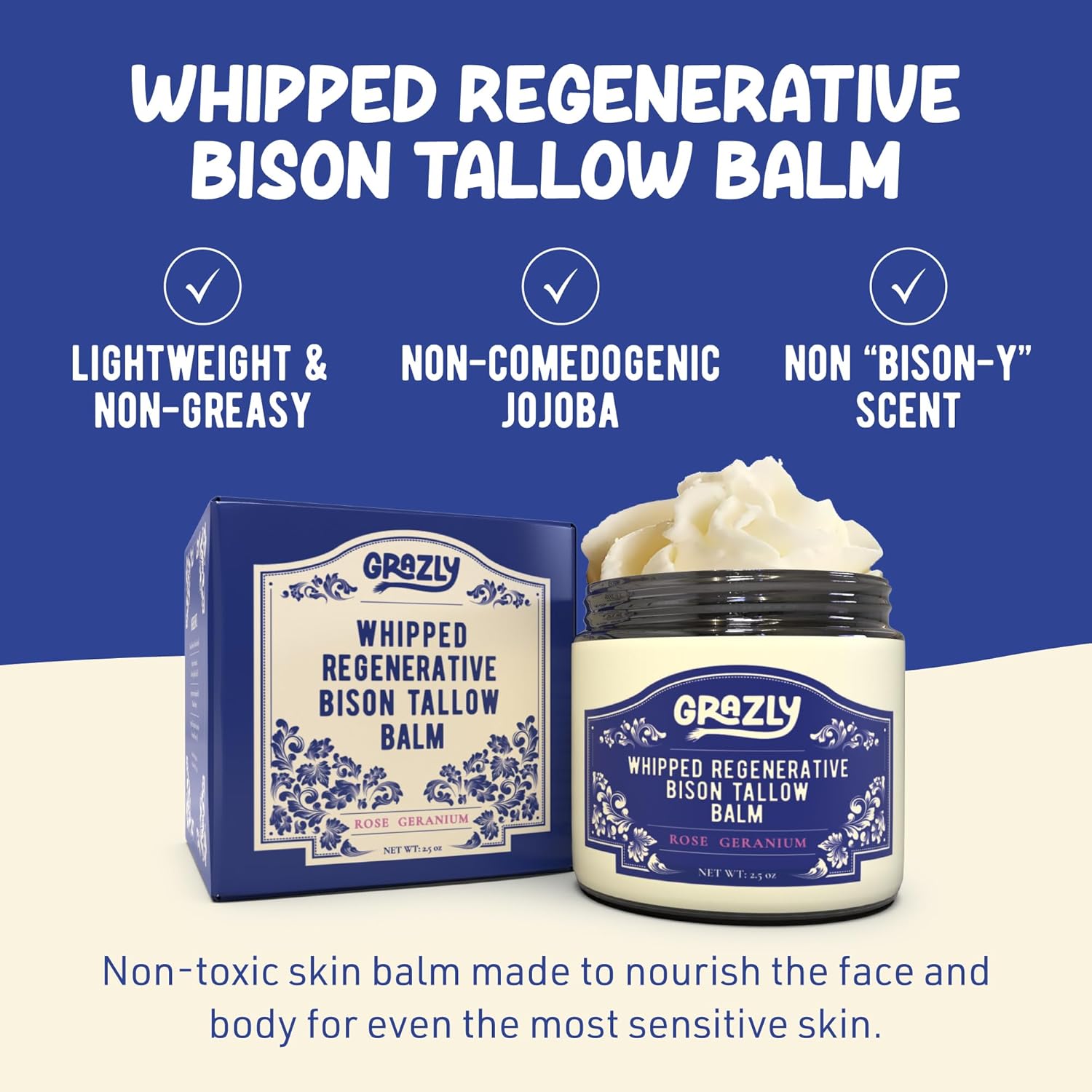 Whipped Bison Tallow Balm w/Manuka Honey, Jojoba, Rose Geranium Oil - Grass-Fed & Finished Organic Tallow Face Moisturizer - Face & Body Cream for Acne-Prone Skin - Nourishing Skincare (2.5oz)