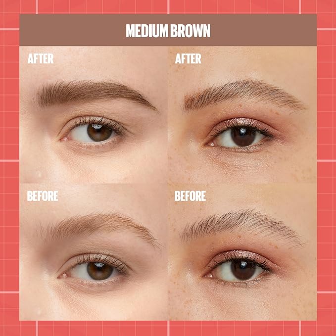 Maybelline Build-A-Brow 2-in-1 Brow Pen and Sealing Eyebrow Gel, Eyebrow Makeup for Real-Looking, Fuller Brows, Medium Brown, 1 Count