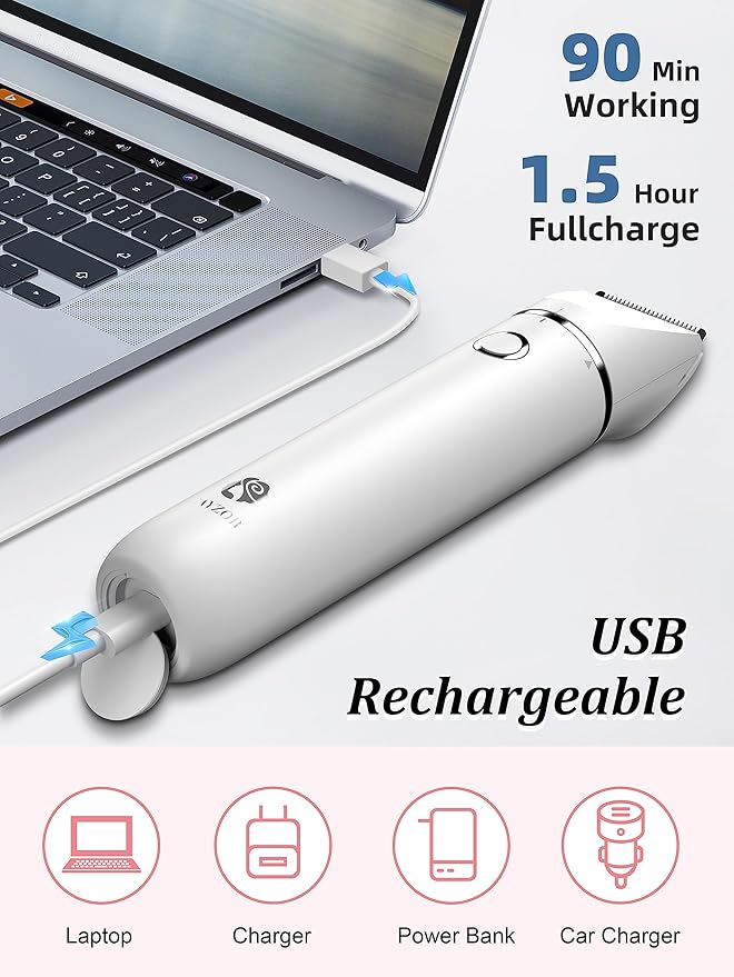 Bikini Trimmer and Shaver Kit for Women - 2-in-1 Wet/Dry Electric Body Hair Trimmer Facial Hair Removal Cordless Waterproof Bikini Shaver Razor for Face Lip Chin Pubic Underarm Legs (White)