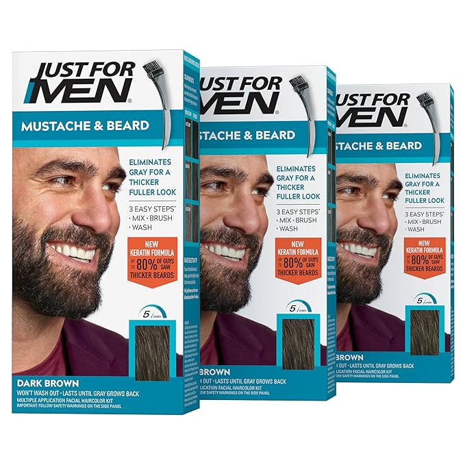 Just For Men Mustache & Beard, Beard Dye for Men with Brush Included, With Keratin Biotin Aloe and Coconut Oil for Healthy Facial Hair - Dark Brown, M-45, Pack of 3 (Packaging May Vary)
