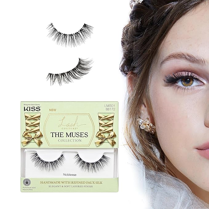 KISS Lash Couture The Muses Collection False Eyelashes - Noblesse, Black, Wispy, Tapered, Refined Faux Silk, Contact Lens Friendly, Pliable Band, Comfortable, Reusable, Cruelty Free, Vegan | 1 Pair