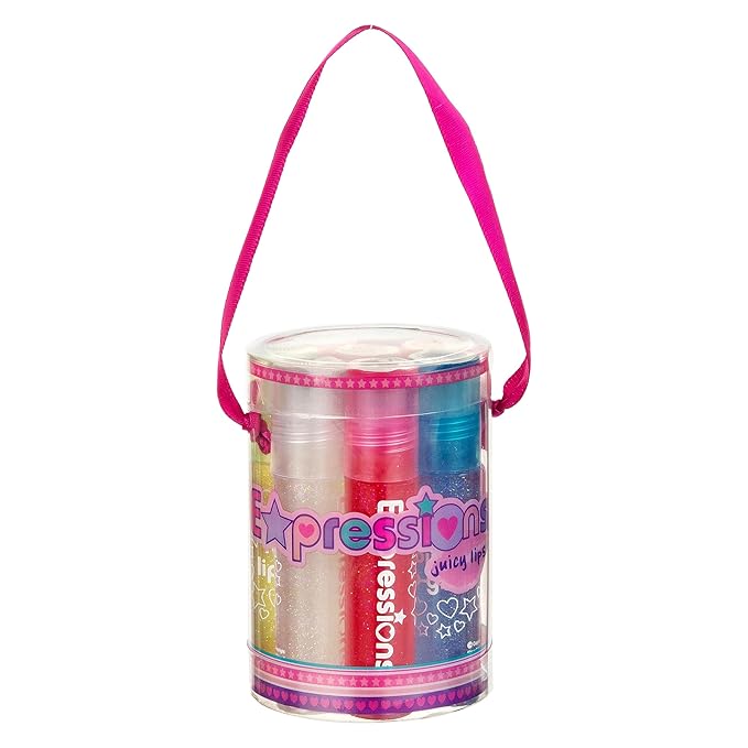 Expressions 8pc Roller-Ball Glitter Lip Gloss Set, 8 Assorted Fruit Flavored Roll On Rollerball Lip Gloss for Kids, Safe, Non Toxic Kids Makeup Set