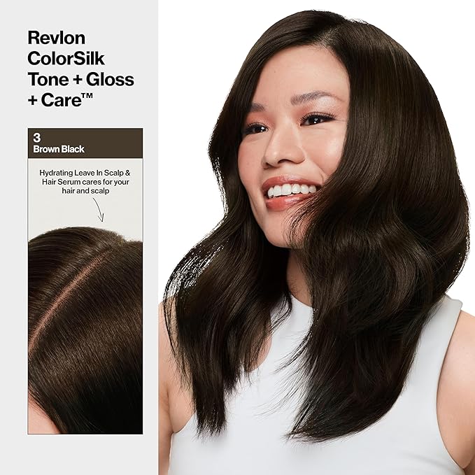 Revlon ColorSilk Tone + Gloss + Care Demi Permanent Hair Color, Dye Kit with Leave-In Scalp and Haircare Serum, 2x Shinier, 4x Stronger, 3 Brown Black, 4.5 fl oz